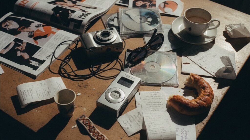 Editorial flash photograph for an independent youth culture magazine. A messy late-night table after a house party, photographed from above with direct on-camera flash. Open fashion and music magazines, wired headphones, a small digital camera, scratched CDs, an old silver MP3 player, sunglasses, coffee cups, receipts and handwritten notes scattered naturally across the table. Subtle references to European and Balkan youth culture without flags or clichés. Raw, intimate, imperfect and slightly chaotic, like a real candid photograph from the early 2000s rediscovered online. Warm off-white, black, silver and muted burnt-orange tones. Visible film grain, slight motion blur, imperfect composition, harsh flash and deep shadows. Contemporary but nostalgic, cool without looking staged. Independent magazine editorial aesthetic, not commercial advertising, not luxury, not minimalist stock photography. No readable text, no logos, no brands, no posed people, no AI-looking objects. Landscape composition with the main visual interest toward the center and right side, suitable for a culture magazine website hero.